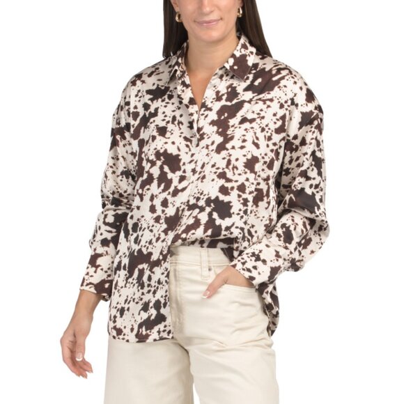 HAVER Oatmeal Satin Cow Print Button Front Top - Picture 1 of 2
